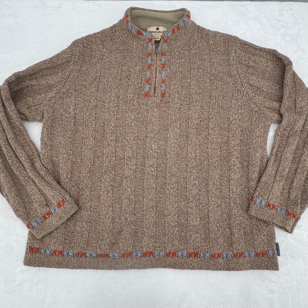 Woolrich Womens Sz Large Petite Embroidered Brown Marl Cozy Quarter Zip Sweater